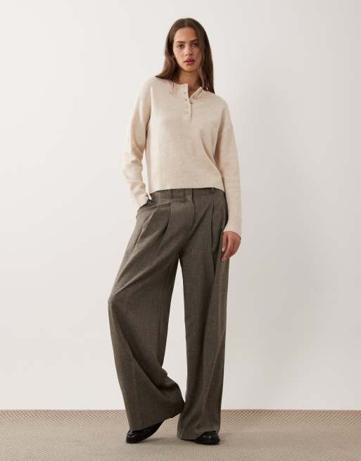 Brave Soul stickad henley-tröja med rund halsringning i oatmeal, 3 av 4