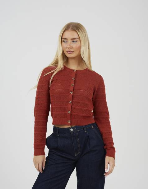 Brave Soul Stitch detail crew neck cardigan in burnt orange