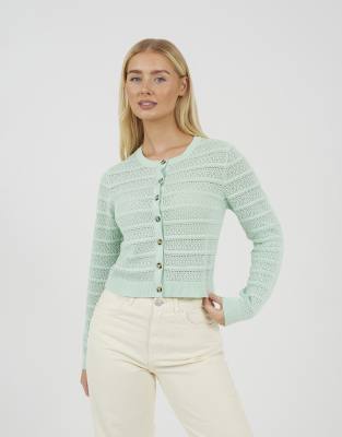 Brave Soul Stitch detail crew neck cardigan in mint-Green