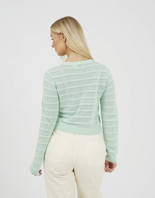 Brave Soul Stitch detail crew neck cardigan in mint, 3 of 4