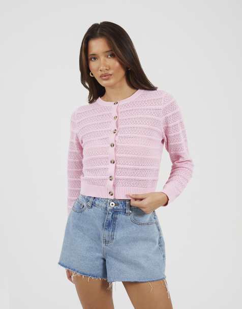 Brave Soul Stitch detail crew neck cardigan in pink - view 1