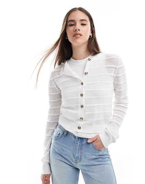 Brave Soul Stitch detail crew neck cardigan in white