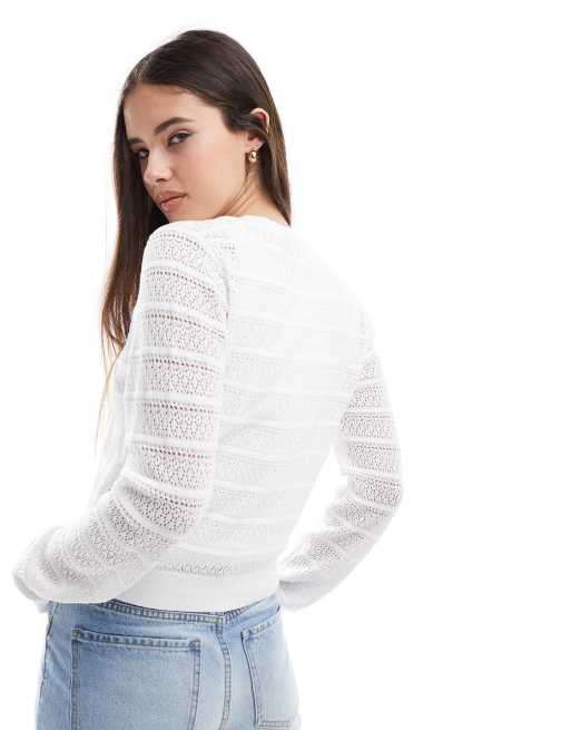 Brave Soul Stitch detail crew neck cardigan in white, 3 of 4