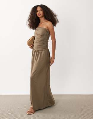 Brave Soul strapless maxi drop waist jersey dress in brown