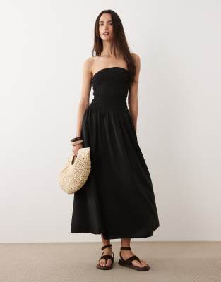 Brave Soul strapless midi dress with shirred bodice in black