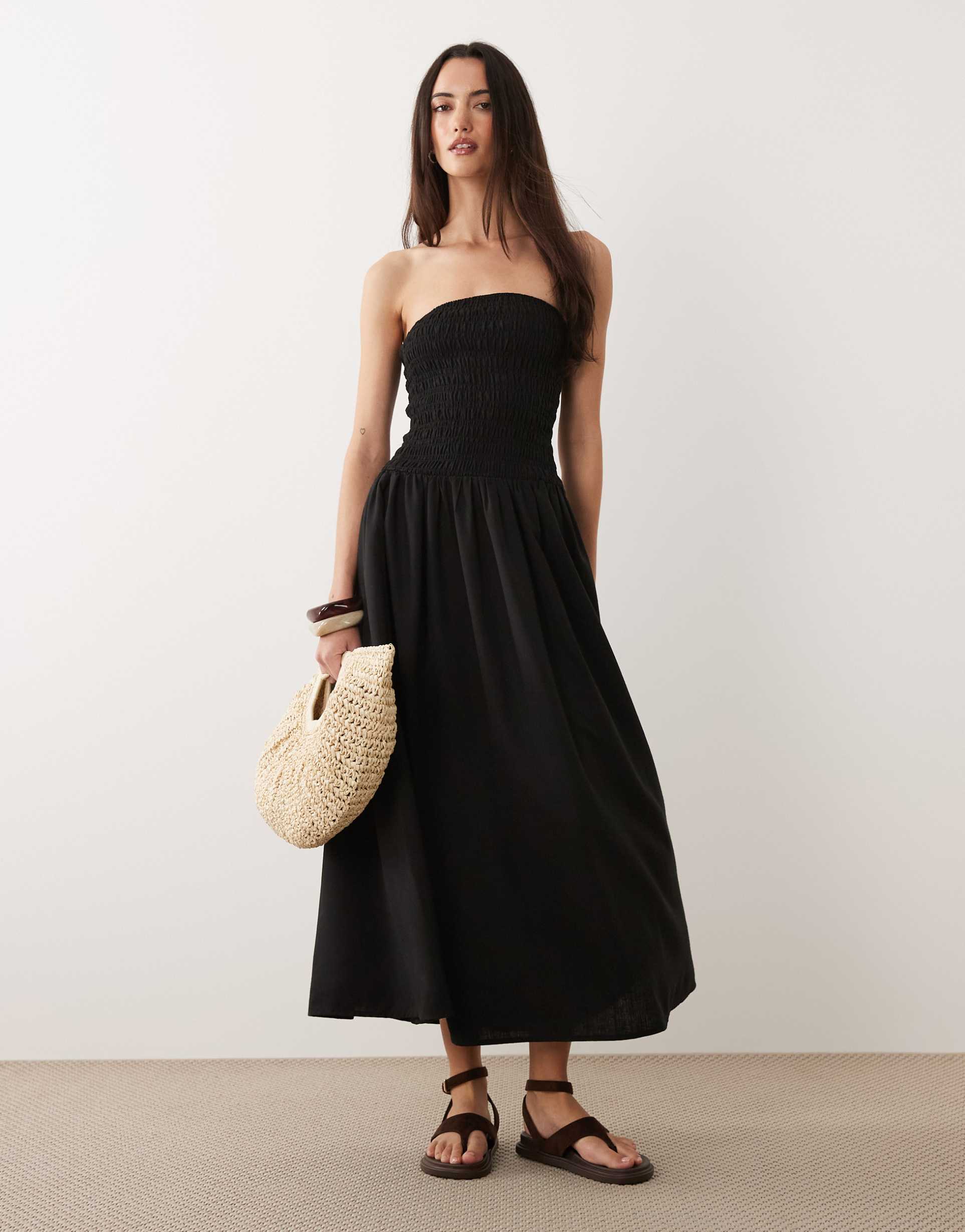 brave soul strapless midi dress with shirred bodice in black