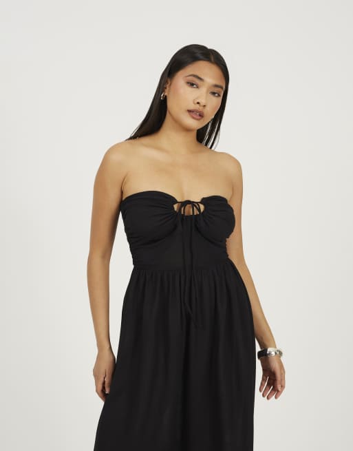 Brave Soul Strapless tiered midi dress in black, 3 of 3