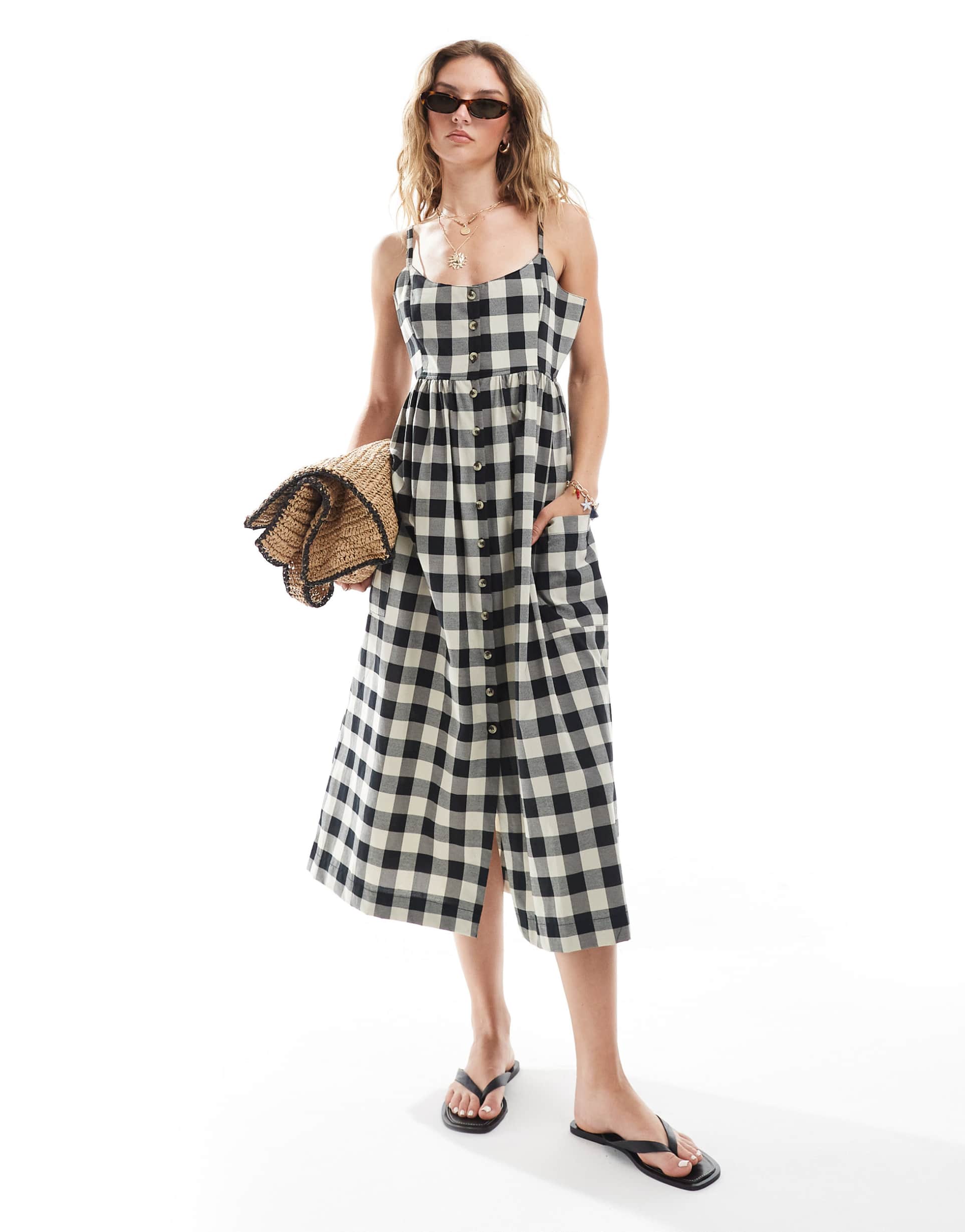 brave soul strappy button down midi dress in black gingham print