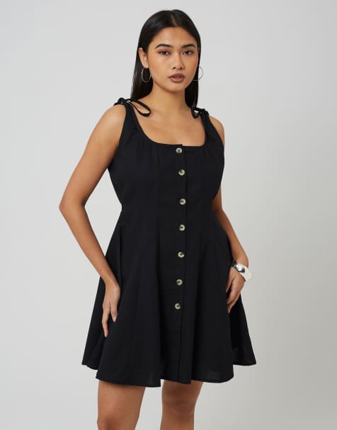 Brave Soul Strappy button front a-line mini dress in black - view 1