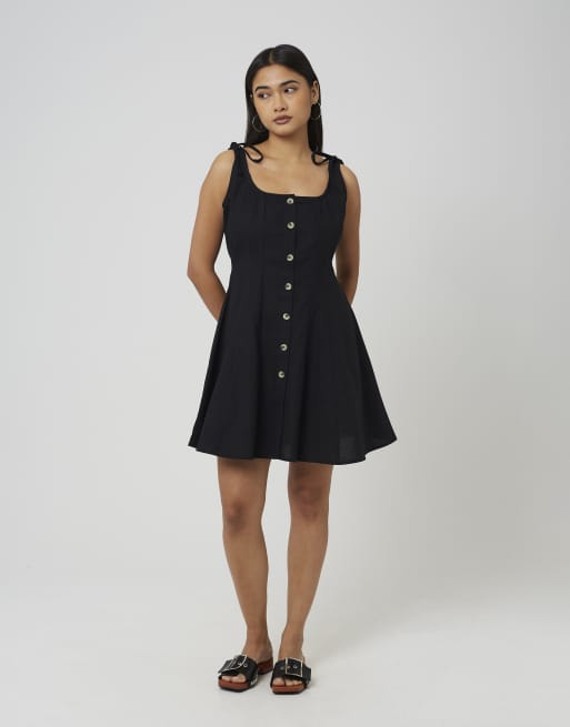 Brave Soul Strappy button front a-line mini dress in black, 3 of 4