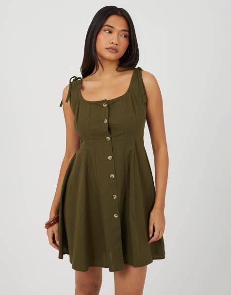 Brave Soul Strappy button front a-line mini dress in khaki - view 1