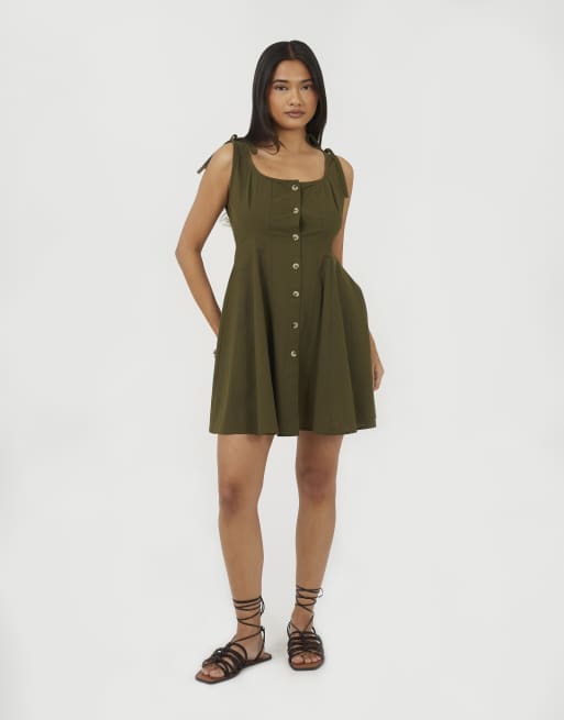 Brave Soul Strappy button front a-line mini dress in khaki, 2 of 4