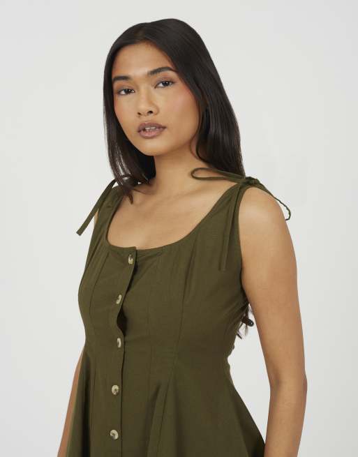 Brave Soul Strappy button front a-line mini dress in khaki, 4 of 4