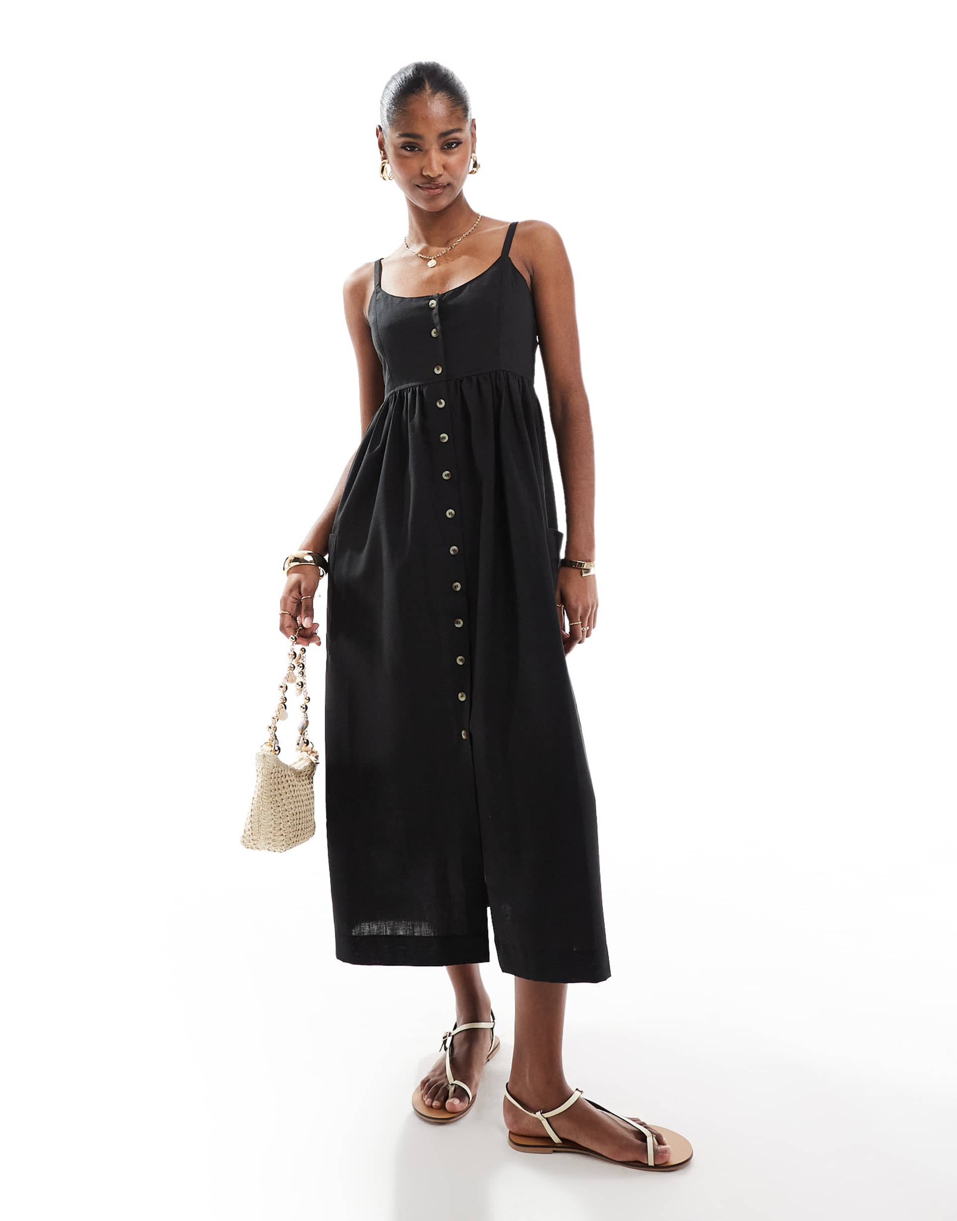 brave soul strappy button up midi dress in black