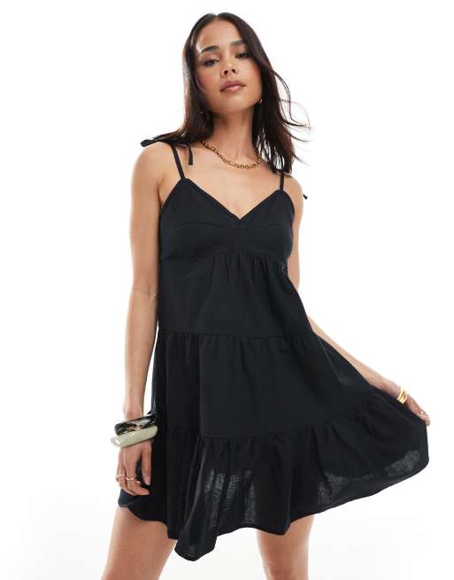 Brave Soul strappy floaty mini dress with linen in black | ASOS