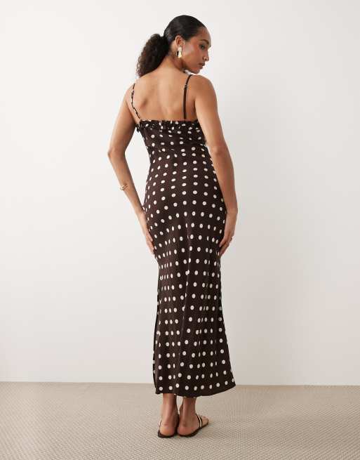 Brave Soul strappy maxi polka dot dress in chocolate brown with ruffle trim, 4 of 4