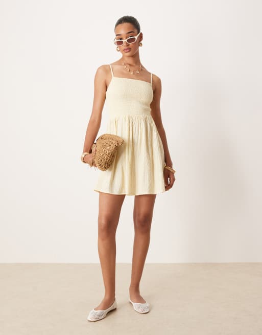 Brave Soul strappy mini dress with shirred bust in butter yellow, 2 of 4