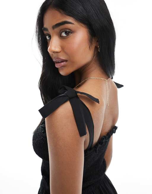 Brave Soul strappy shirred maxi dress with lace detail in black