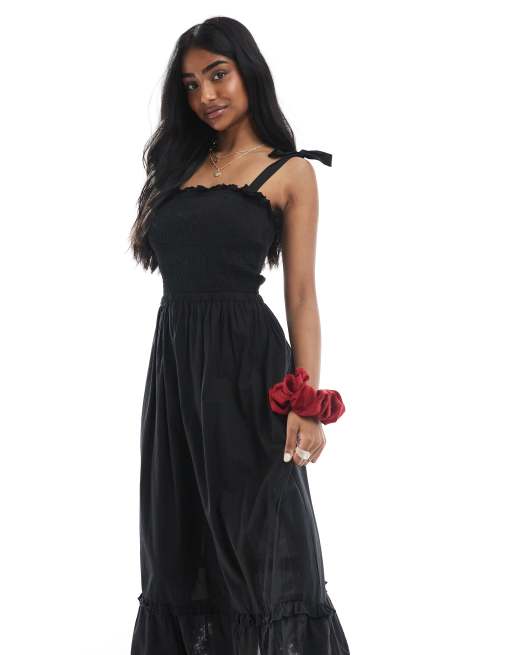 Brave Soul strappy shirred maxi dress with lace detail in black