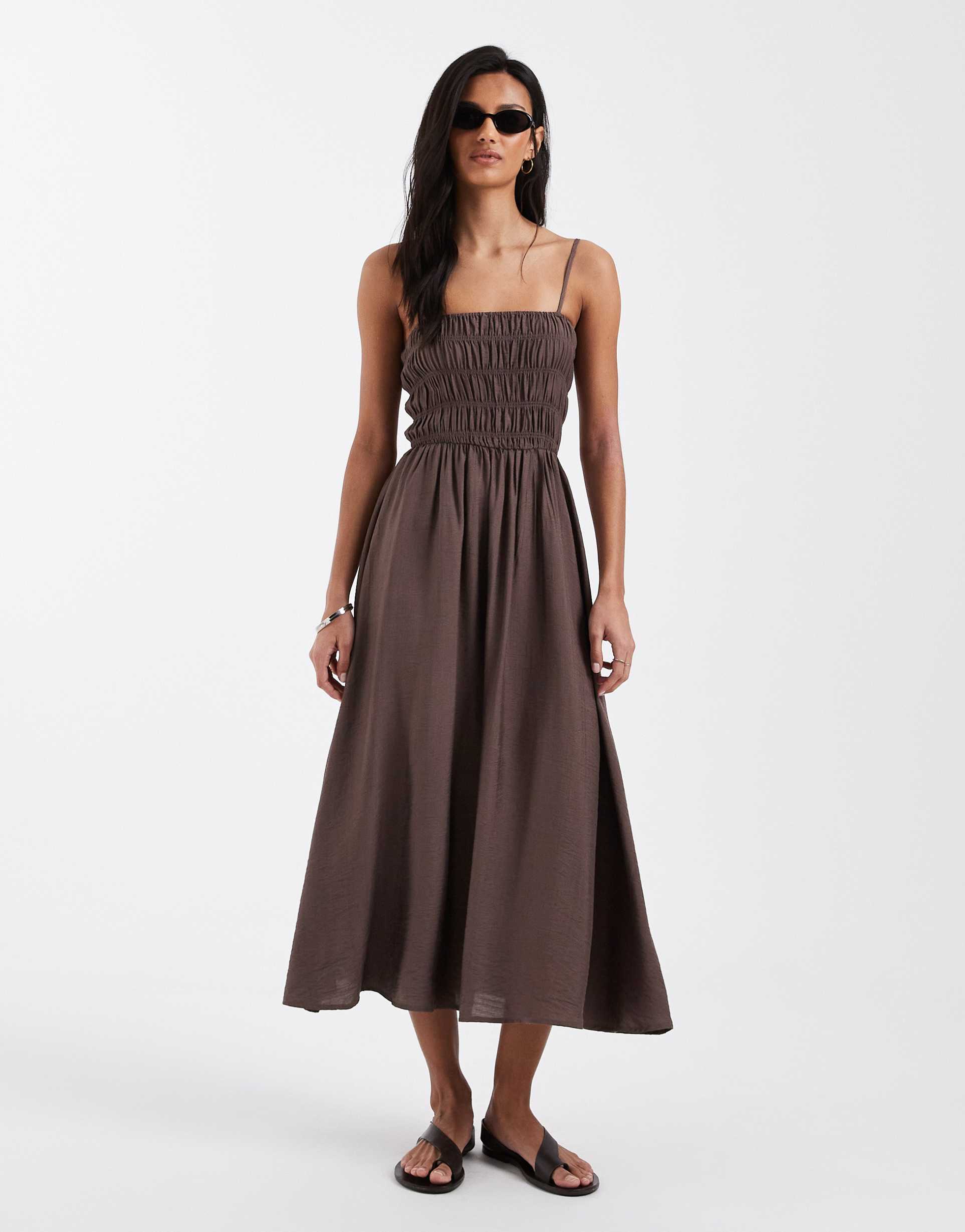 brave soul strappy shirred sundress in brown