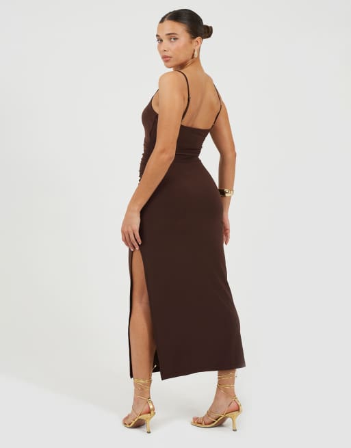 Brave Soul Strappy square neck midi dress in chocolate, 2 of 3