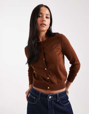 Brave Soul - Strickjacke in Braun mit Rundhalsausschnitt und goldfarbenen Knöpfen-Brown