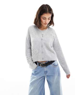 Brave Soul - Strickjacke in Hellgrau mit V-Ausschnitt und Blumenstickerei