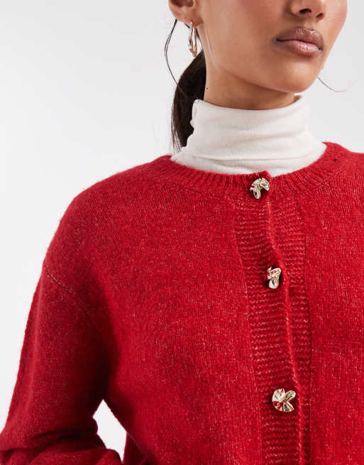 Brave Soul – Strickjacke in Rot mit Kontrastknöpfen und Rundhalsausschnitt, 4 von 4