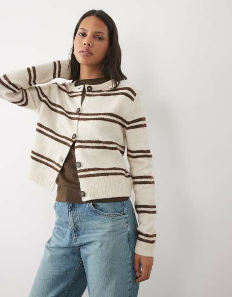 Brave Soul Strickjacke mit Rundhalsausschnitt und Doppelstreifen in Steingrau und Braun - view 1
