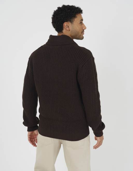 Brave Soul Strickjacke mit Schalkragen und grobem Strick in Schokobraun, 2 von 4
