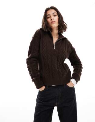 Brave Soul - Strickpullover in Braun mit Zopfmuster und kurzem Reißverschluss-Brown