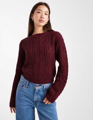 Brave Soul - Strickpullover in Burgunder mit Rundhalsausschnitt und Zopfmuster-Rot