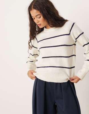 Brave Soul - Strickpullover in Elfenbein mit Rundhalsausschnitt und Streifen in Marineblau-Weiß