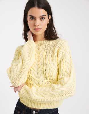 Brave Soul - Strickpullover in Gelb mit Rundhalsausschnitt und Zopfmuster