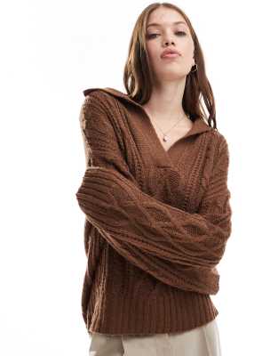 Brave Soul - Strickpullover in Hellbraun mit Zopfmuster und Polokragen-Brown