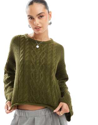 Brave Soul - Strickpullover in Khaki mit Zopfmuster und weiten Ärmeln-Grün