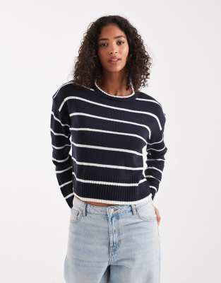 Brave Soul - Strickpullover in Marineblau und Weiß gestreift mit Rundhalsausschnitt