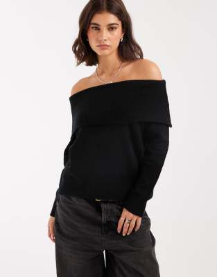 Brave Soul - Strickpullover in Schwarz mit Carmen-Ausschnitt