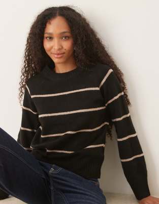 Brave Soul - Strickpullover in Schwarz mit Streifen in Beige und Rundhalsausschnitt