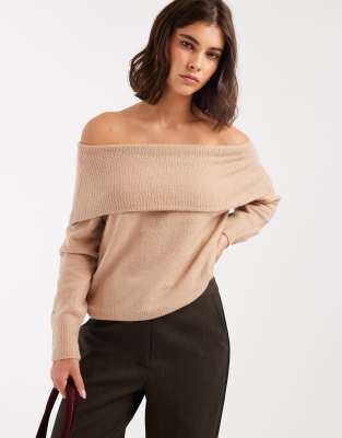 Brave Soul - Strickpullover in Stein mit Carmen-Ausschnitt-Neutral