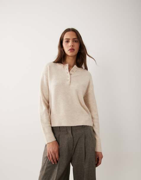 Brave Soul Strickpullover mit Rundhalsausschnitt und Henley-Knopfleiste in Oatmeal - view 1