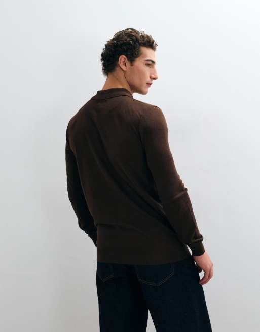 Brave Soul Strickpullover mit Viertelreißverschluss und Pololeiste in Schokobraun, 2 von 5