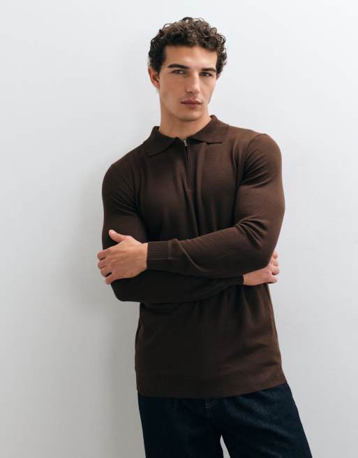 Brave Soul Strickpullover mit Viertelreißverschluss und Pololeiste in Schokobraun, 5 von 5