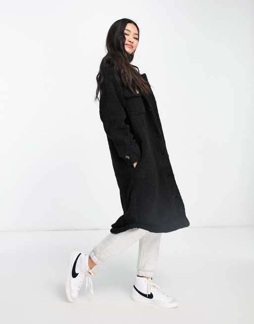 Brave Soul - Strike - Cappotto stile camicia taglio lungo in pile borg nero