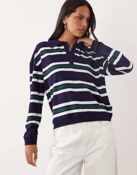 Brave Soul strikket poloshirt i navy, grøn og elfenbensfarvet stribe - view 1