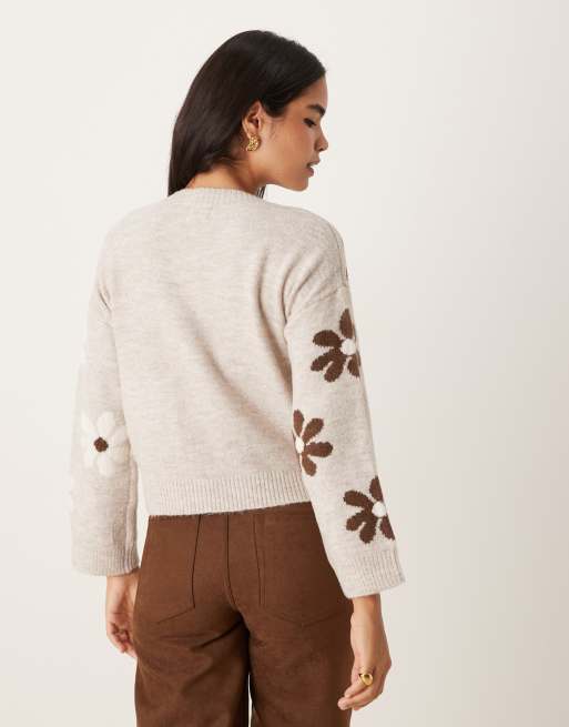 Brave Soul - Striktrøje med rund hals og multifarvede blomsterdetaljer, 4 af 4