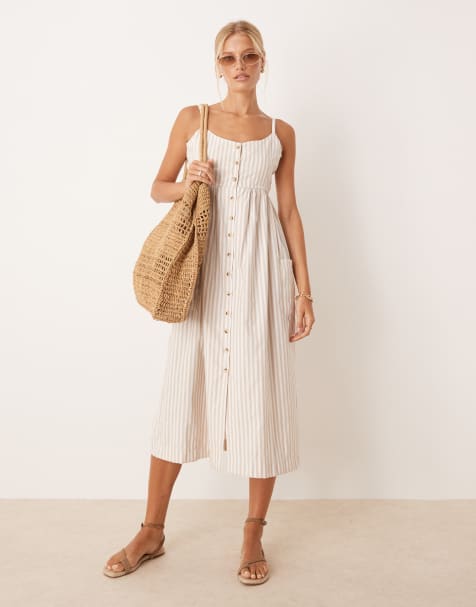 Brave Soul Stripe button down midi dress in stone