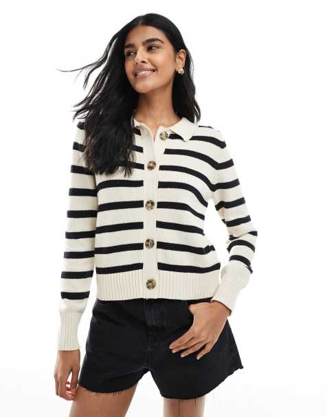 Brave Soul Stripe collared cardigan in cream