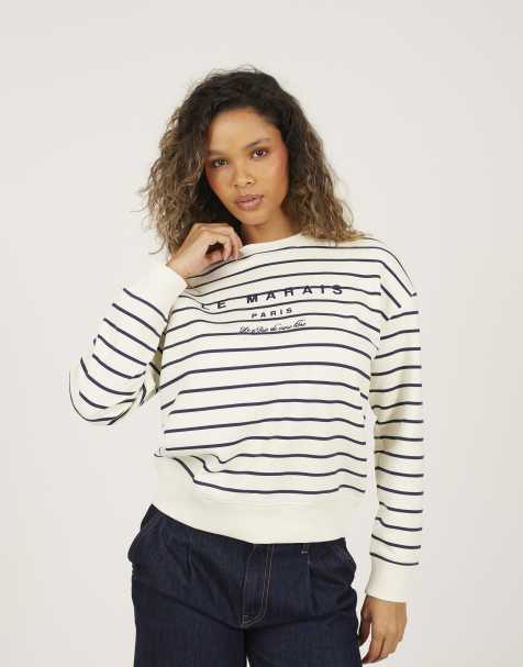 Brave Soul Stripe embroidered crew neck sweatshirt in navy - view 1