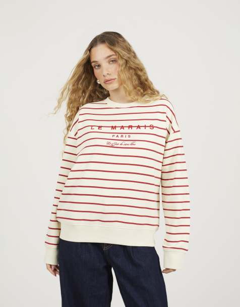 Brave Soul Stripe embroidered crew neck sweatshirt in red - view 1
